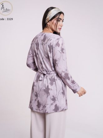 تونیک یقه گرد سه دکمه کریشه پلاس طرح برگ کد 3329
